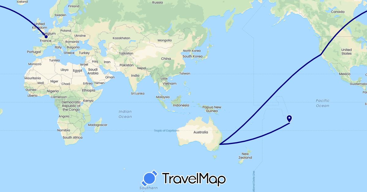 TravelMap itinerary: driving in Australia, France, French Polynesia, United States (Europe, North America, Oceania)